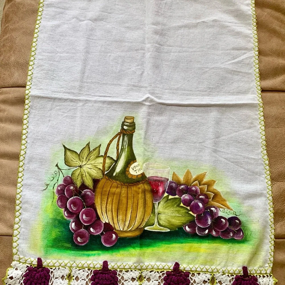 Hand Painted Grape Tea Towel With Crochet Edge